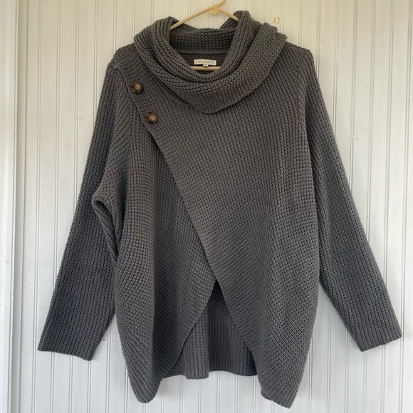 Kate & Sam Gray Grey Cowl neck Waffleknit Pullover Sweater Size Large - Picture 1 of 7